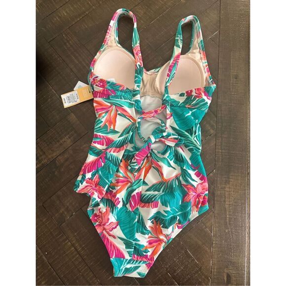 Kona Sol Pink and Green Floral One Piece Tummy Control Full Seat Coverage Swimsu - Picture 5 of 6